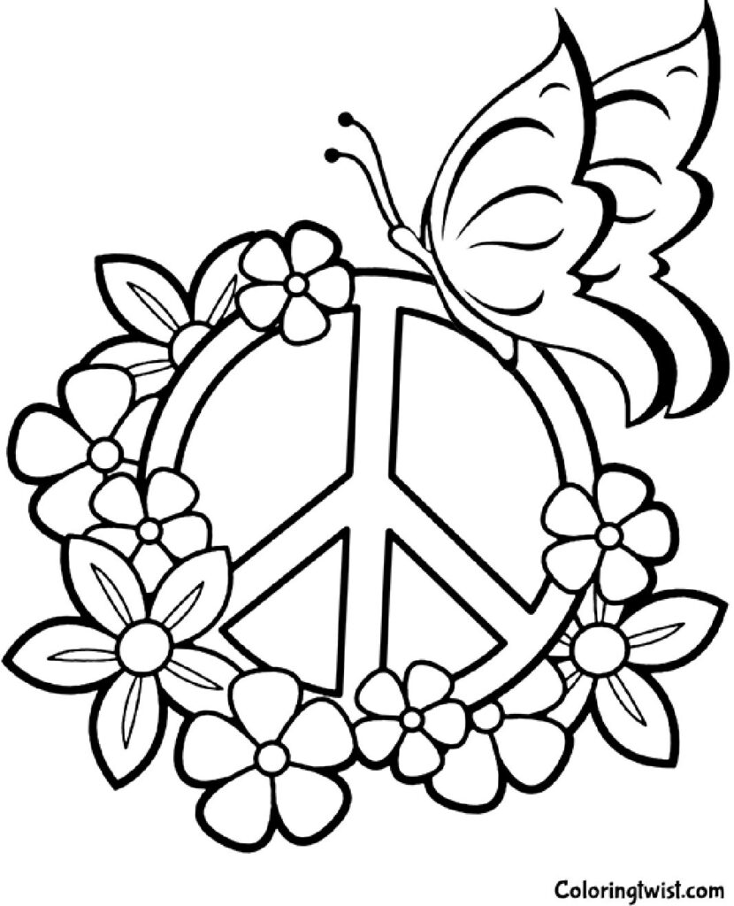 Flowers Peace  Butterfly Coloring Page